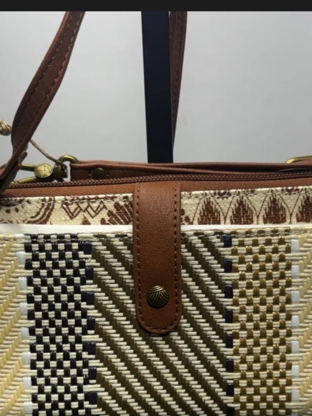 Woven Straw-Accent Brown Shoulder Bag